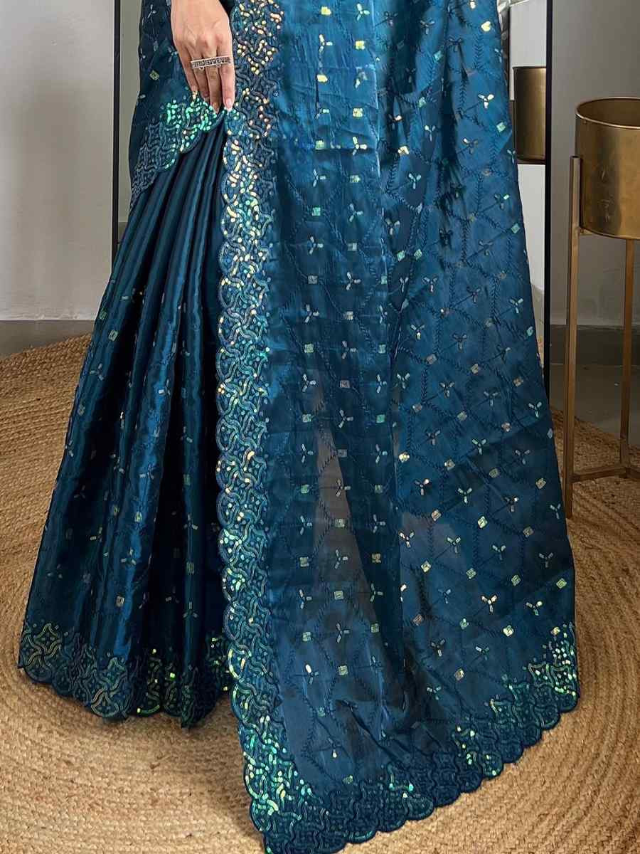 Teal blue Soft Zimmy choo Silk Embroidery Traditional Bridal Reception Festival Wedding Fancy Heavy Border Saree