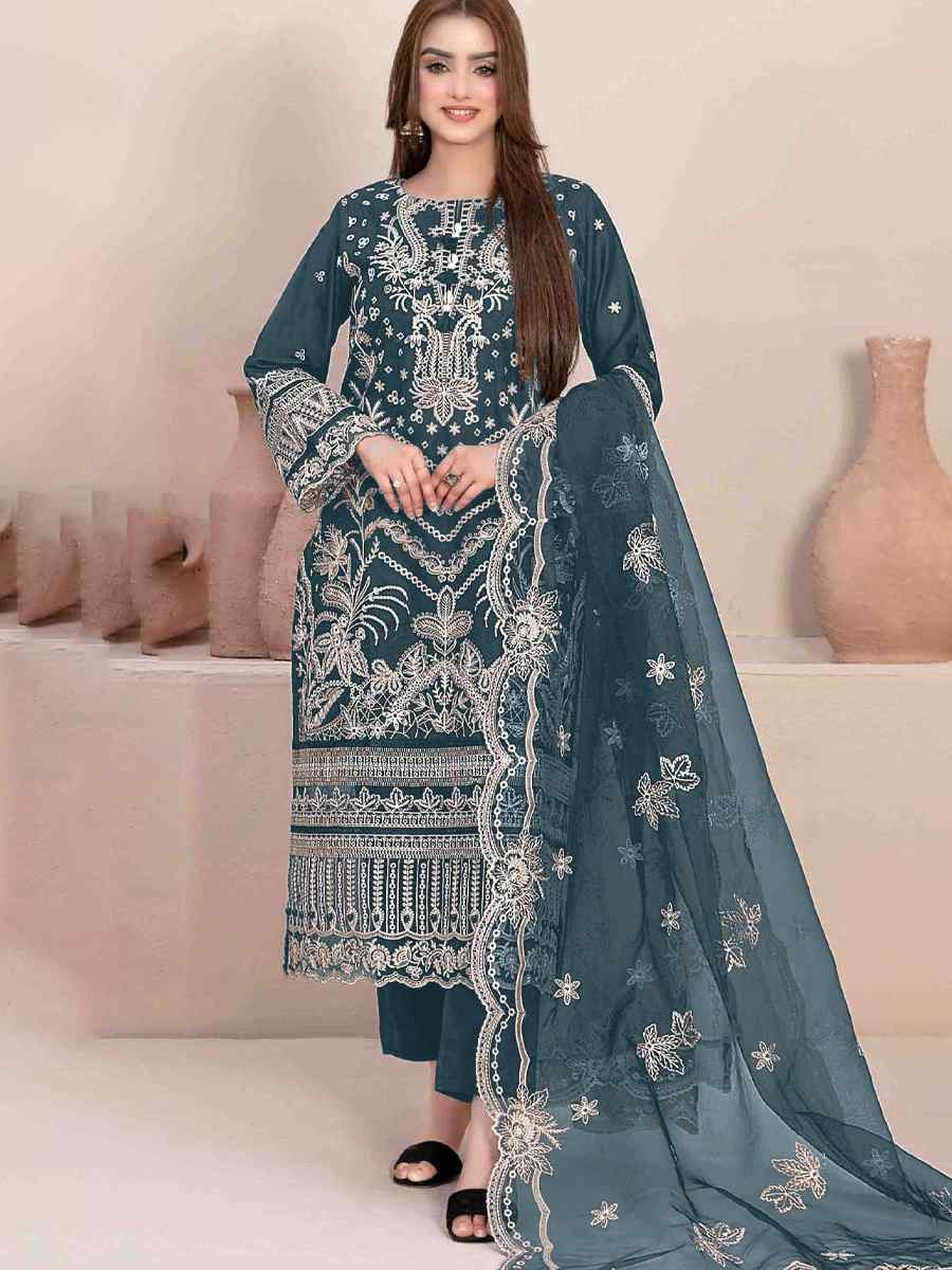 Teal Blue Star Georgette Embroidered Festival Wedding Pant Salwar Kameez