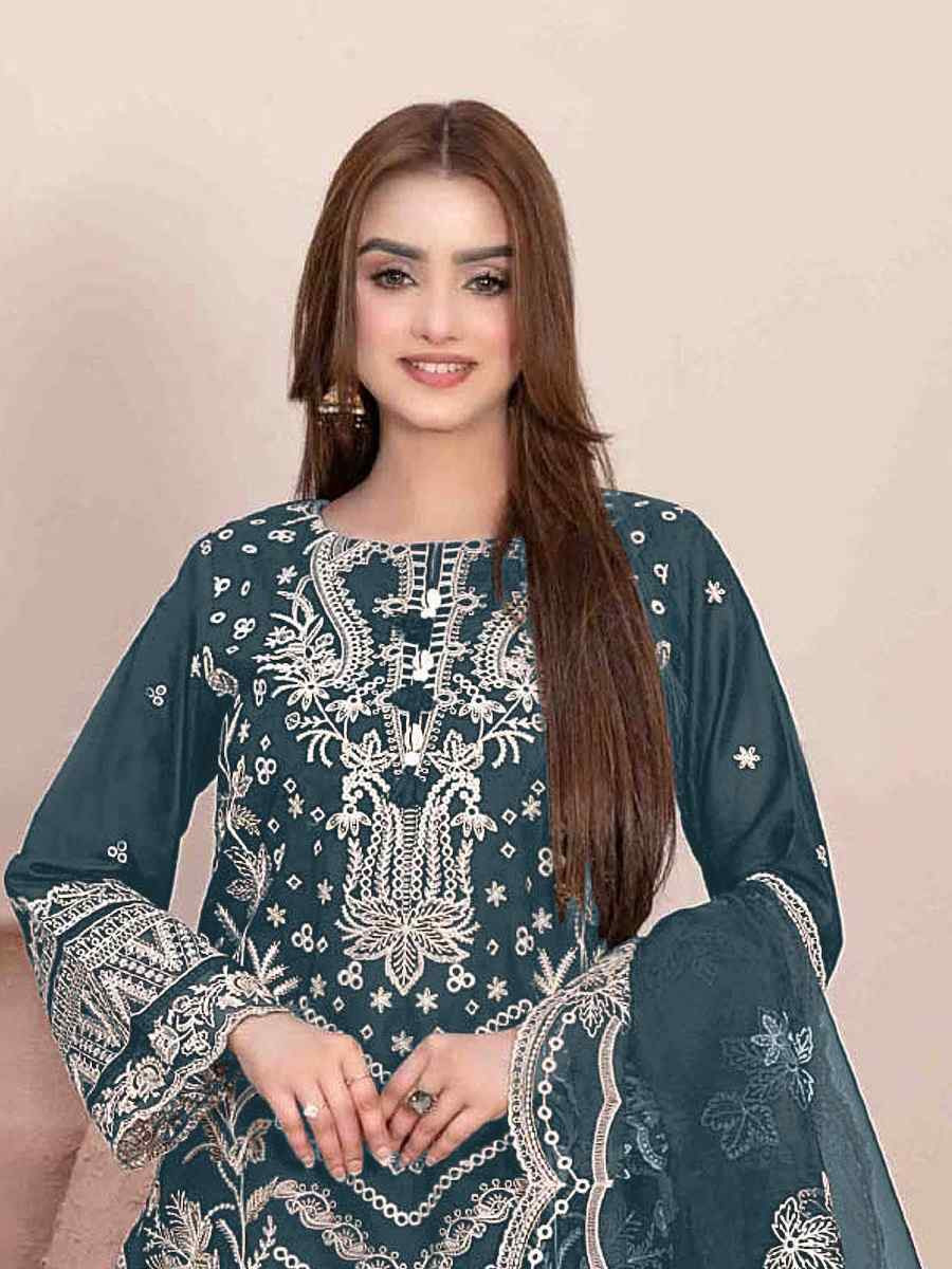 Teal Blue Star Georgette Embroidered Festival Wedding Pant Salwar Kameez