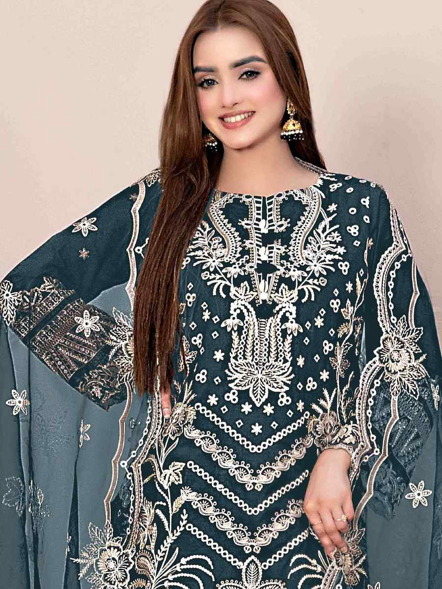 Teal Blue Star Georgette Embroidered Festival Wedding Pant Salwar Kameez