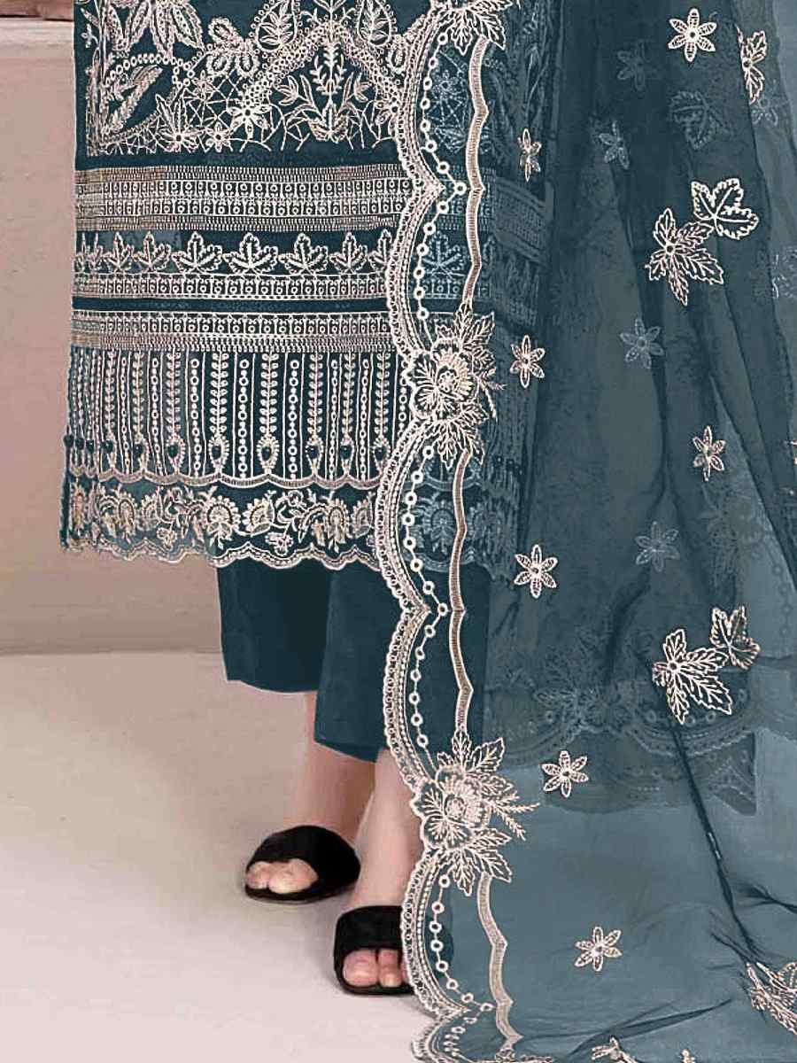 Teal Blue Star Georgette Embroidered Festival Wedding Pant Salwar Kameez