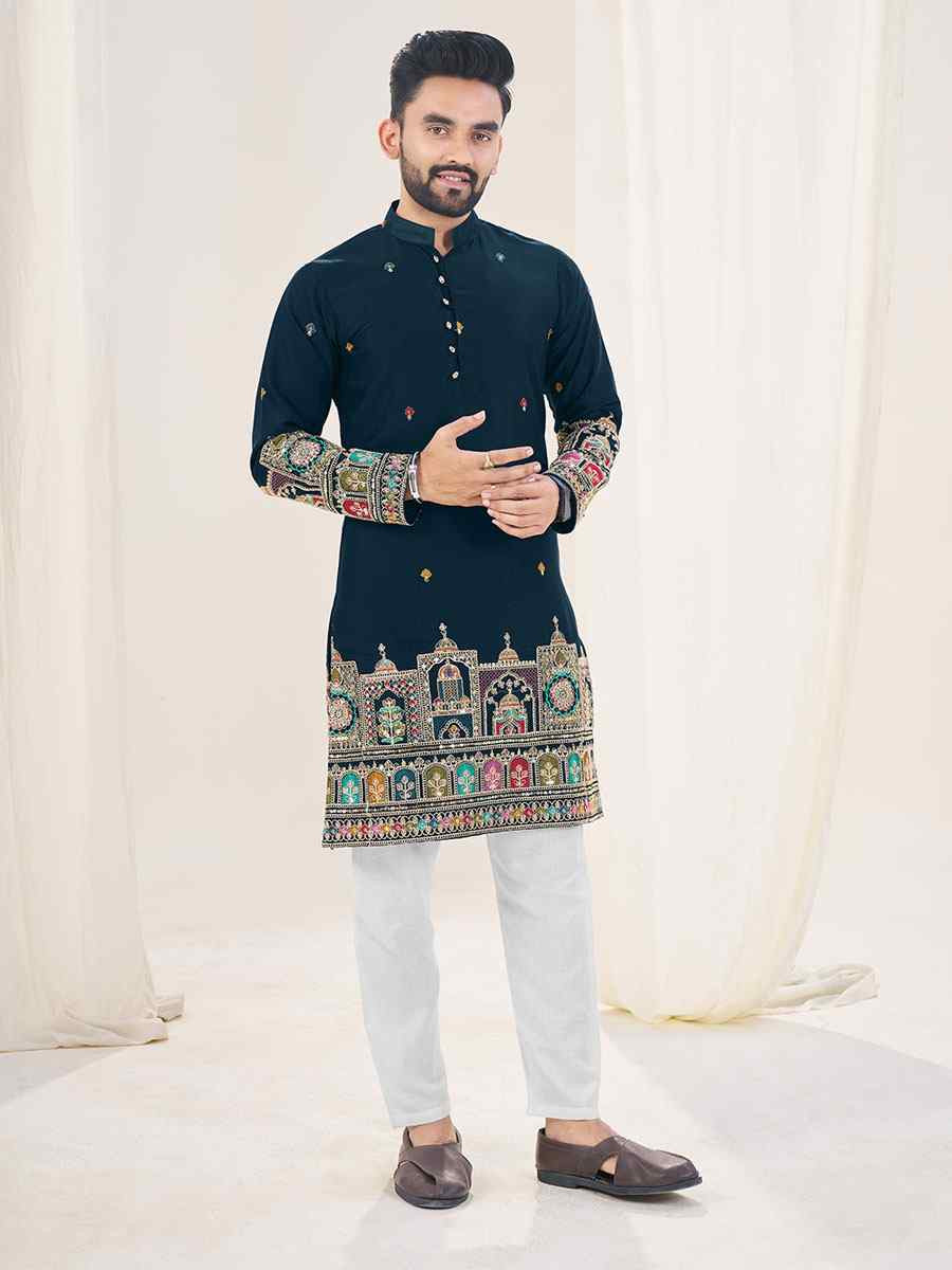 Teal Blue Star Georgette Embroidery Festival Wedding Party Kurta