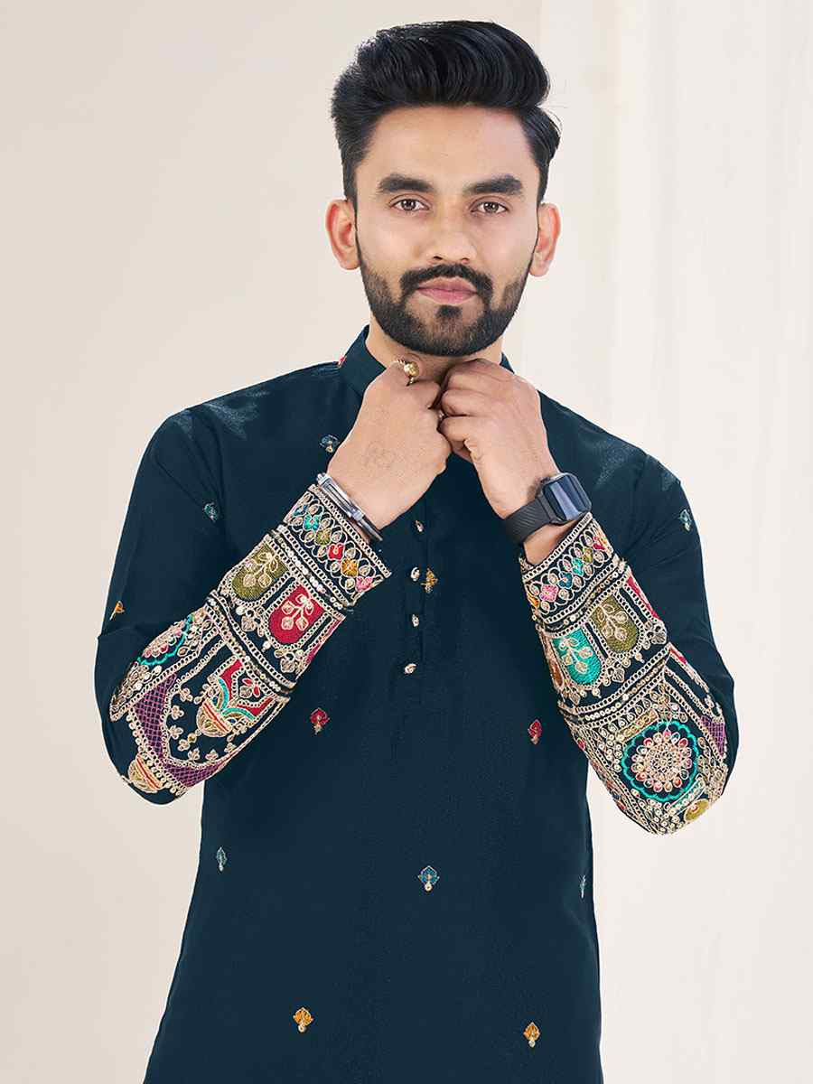 Teal Blue Star Georgette Embroidery Festival Wedding Party Kurta