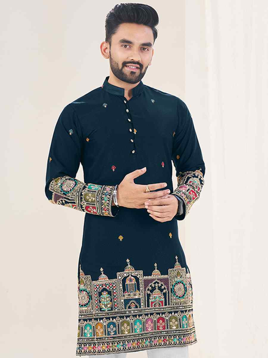 Teal Blue Star Georgette Embroidery Festival Wedding Party Kurta
