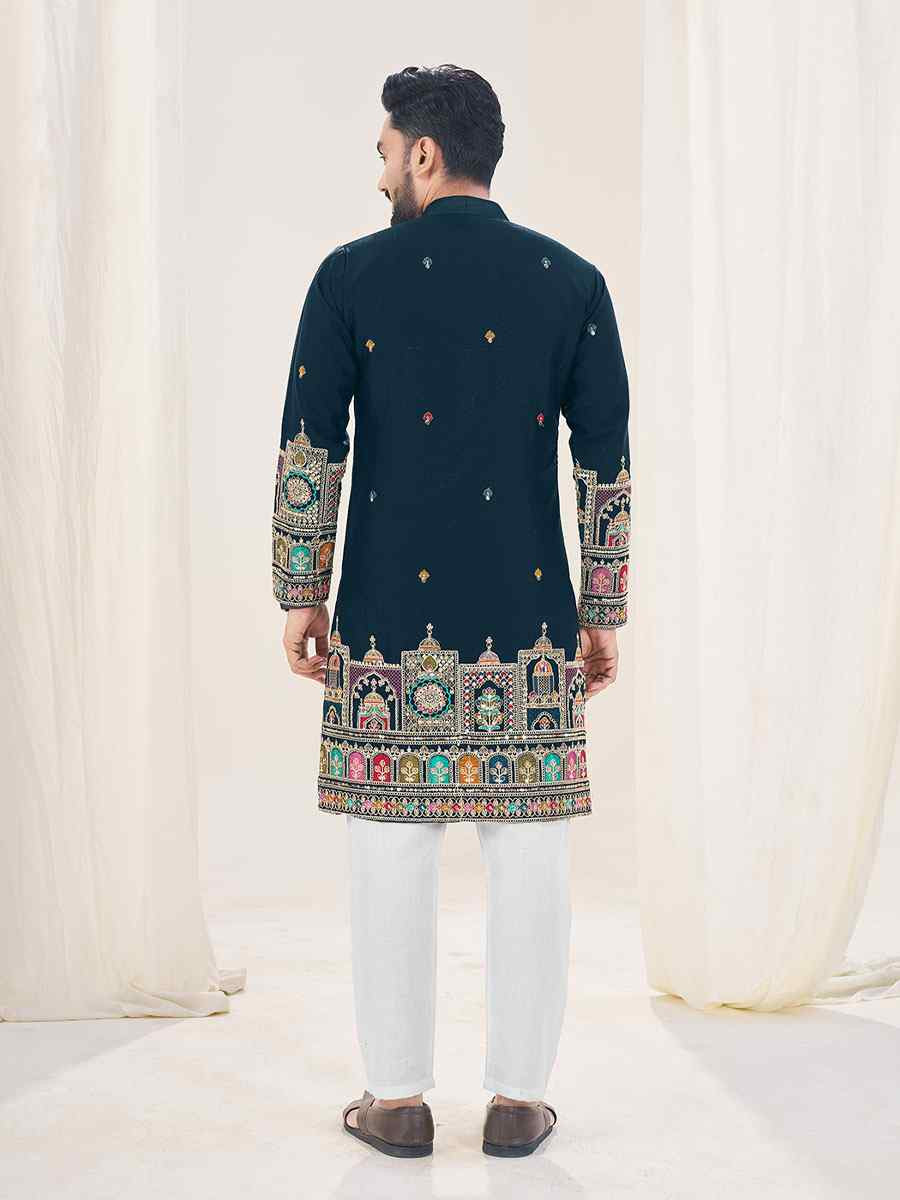 Teal Blue Star Georgette Embroidery Festival Wedding Party Kurta