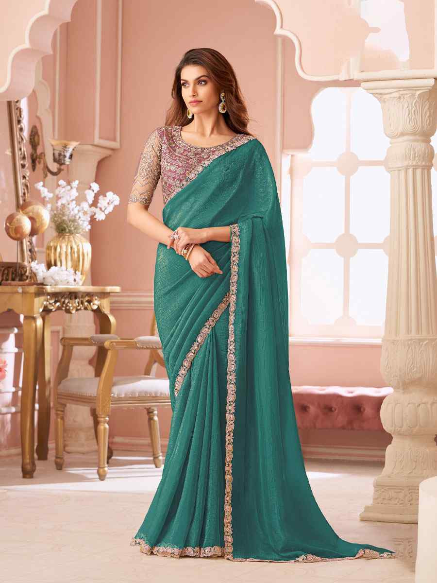 Teal Blue Sunshine Georgette Embroidery Bridal Reception Festival Wedding Fancy Heavy Border Saree