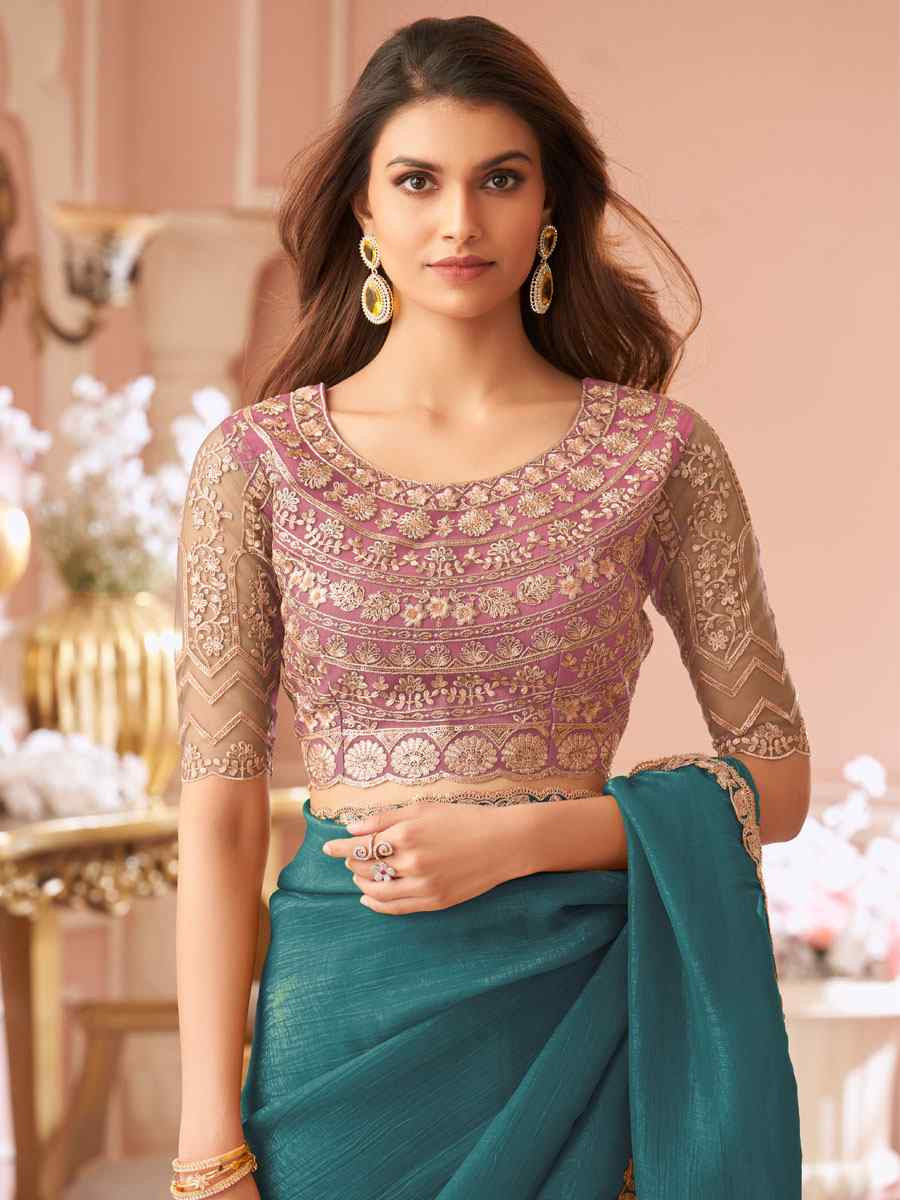 Teal Blue Sunshine Georgette Embroidery Bridal Reception Festival Wedding Fancy Heavy Border Saree