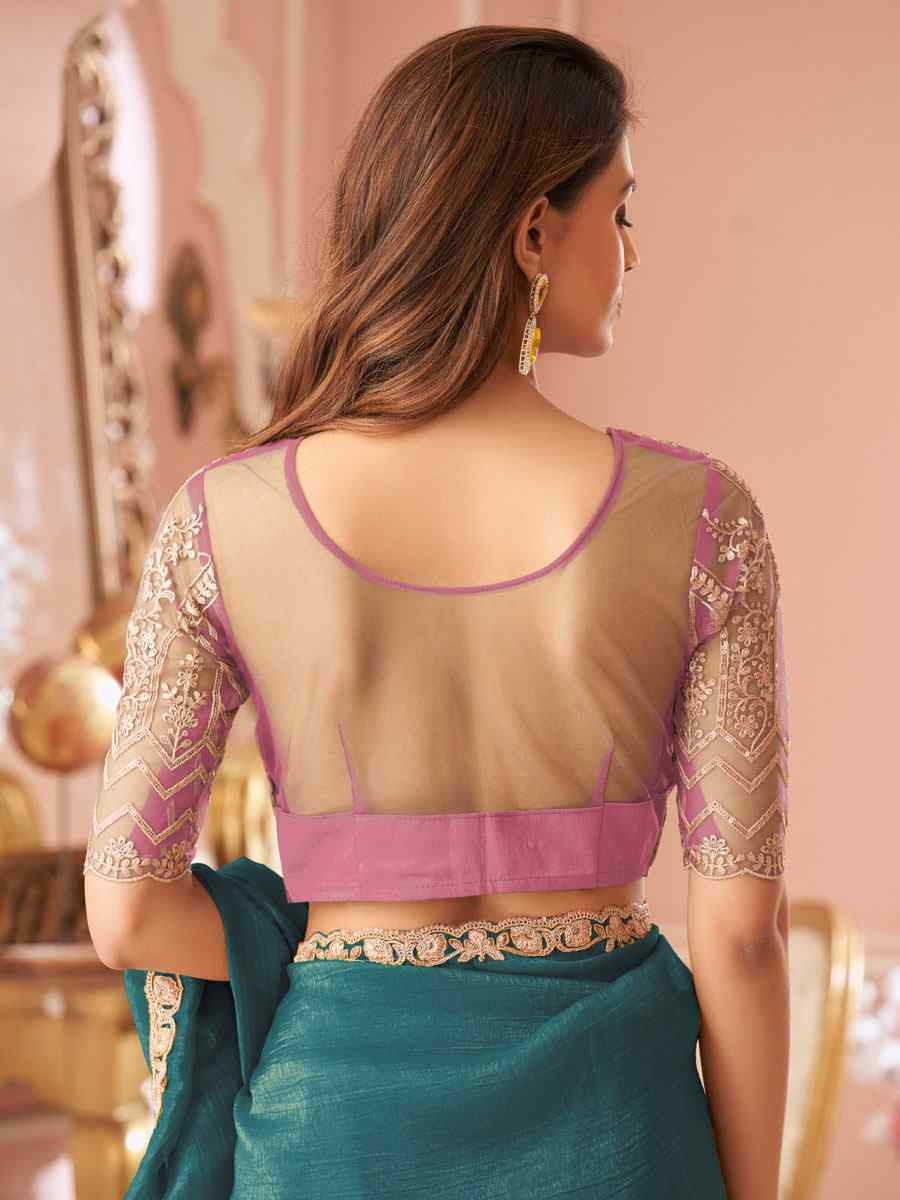 Teal Blue Sunshine Georgette Embroidery Bridal Reception Festival Wedding Fancy Heavy Border Saree