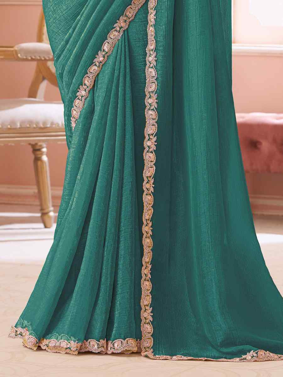 Teal Blue Sunshine Georgette Embroidery Bridal Reception Festival Wedding Fancy Heavy Border Saree