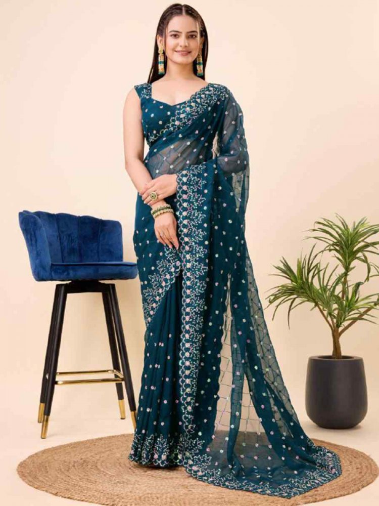 Teal Blue Teby Silk Organza Embroidered Party Casual Heavy Border Saree