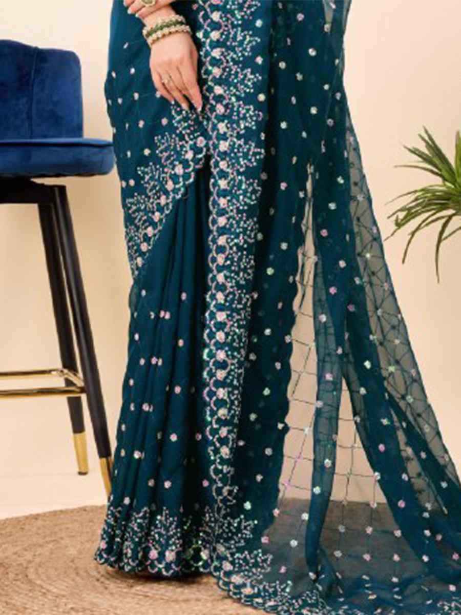 Teal Blue Teby Silk Organza Embroidered Party Casual Heavy Border Saree