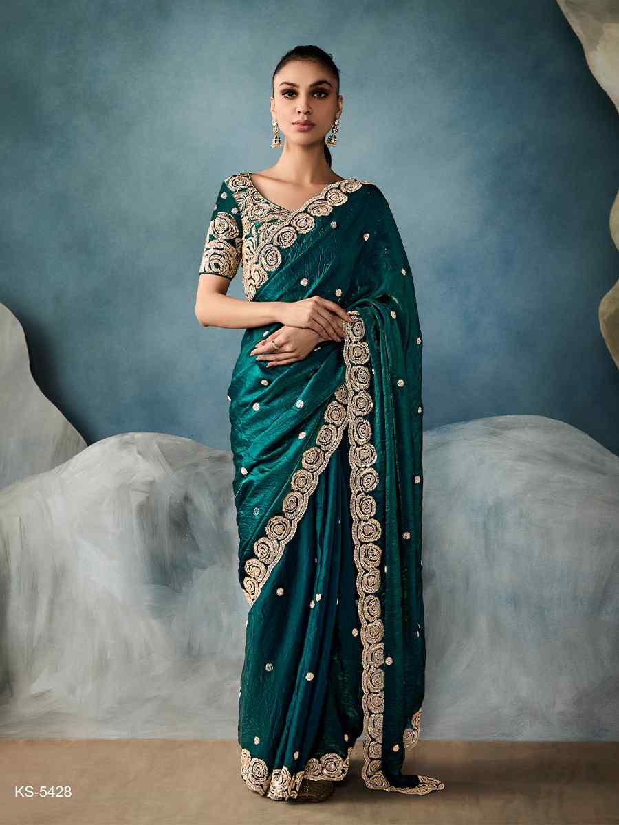 Teal Blue Tissue Embroidered Festival Wedding Fancy Heavy Border Saree