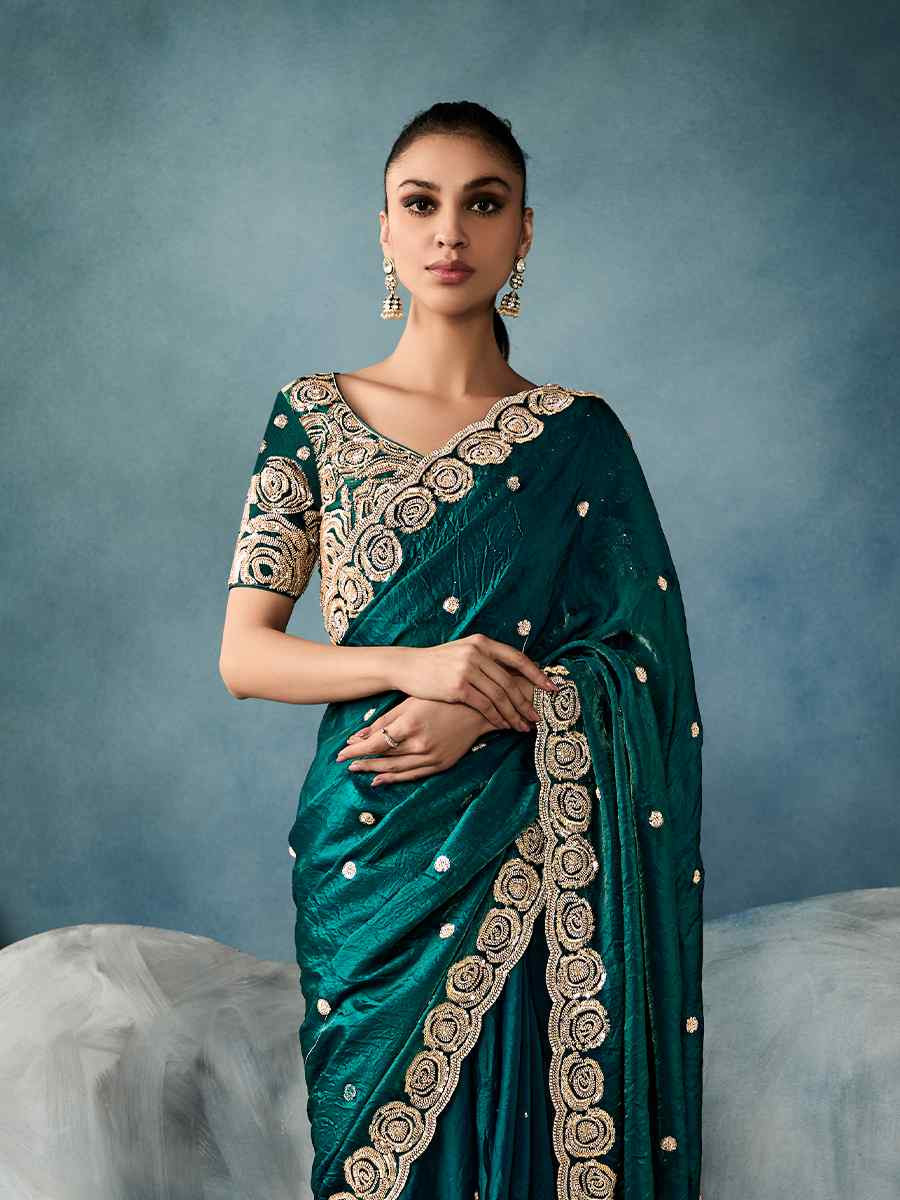 Teal Blue Tissue Embroidered Festival Wedding Fancy Heavy Border Saree