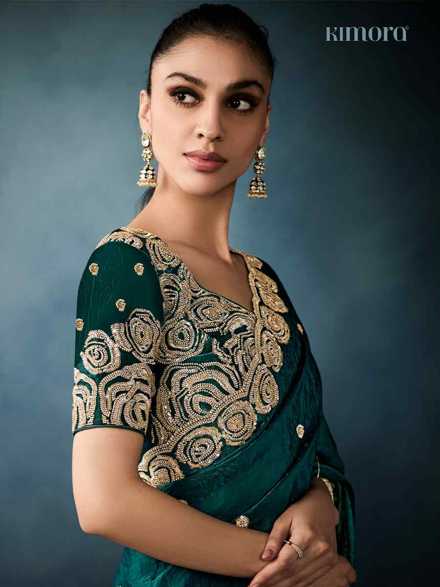 Teal Blue Tissue Embroidered Festival Wedding Fancy Heavy Border Saree
