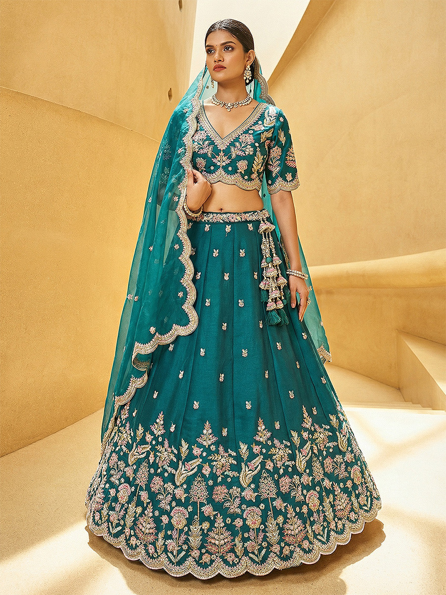 Teal Blue Tissue Embroidery Zari Sequins Wedding Reception Party Wear Festival Heavy Border Lehenga Choli