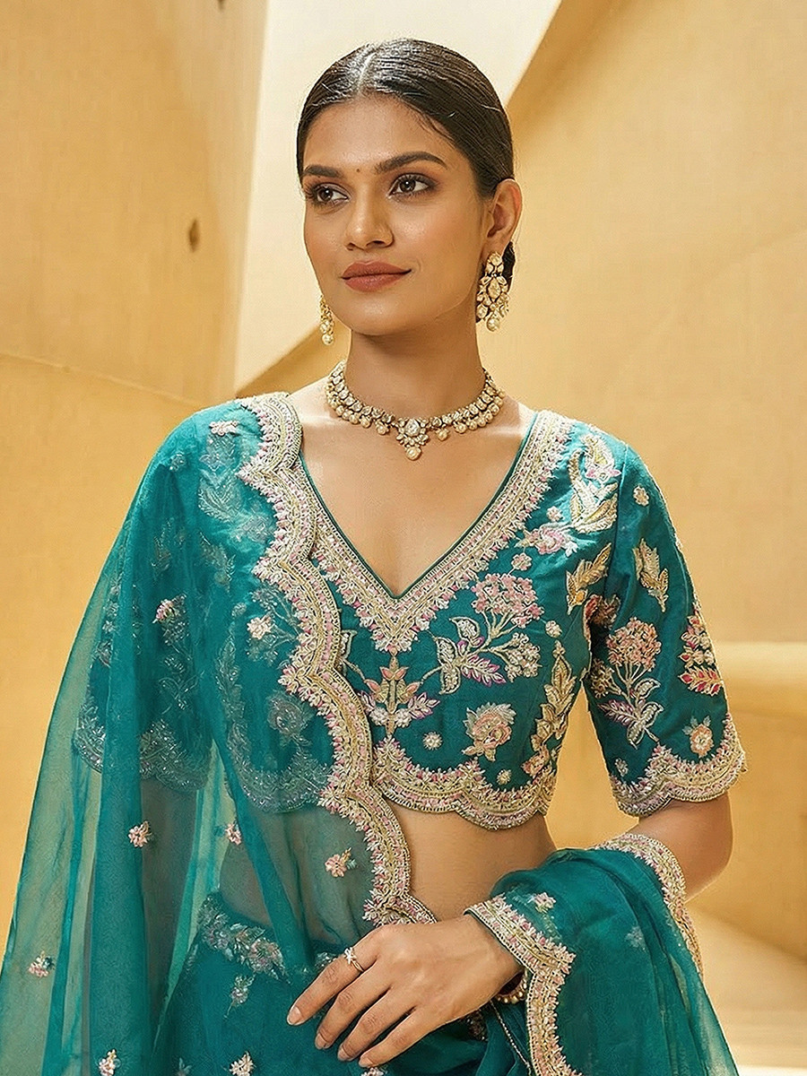 Teal Blue Tissue Embroidery Zari Sequins Wedding Reception Party Wear Festival Heavy Border Lehenga Choli