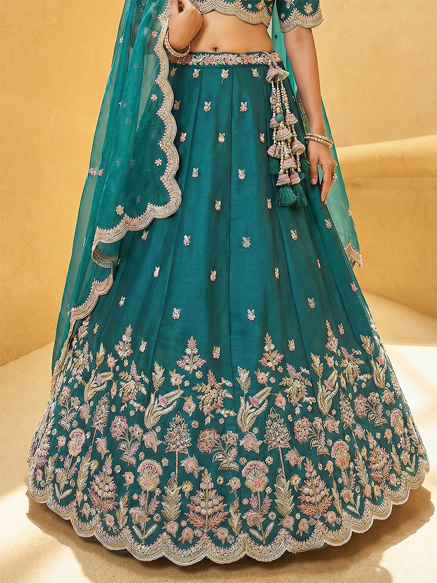 Teal Blue Tissue Embroidery Zari Sequins Wedding Reception Party Wear Festival Heavy Border Lehenga Choli