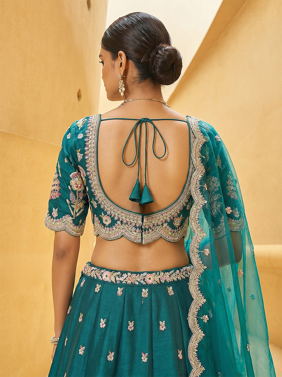 Teal Blue Tissue Embroidery Zari Sequins Wedding Reception Party Wear Festival Heavy Border Lehenga Choli
