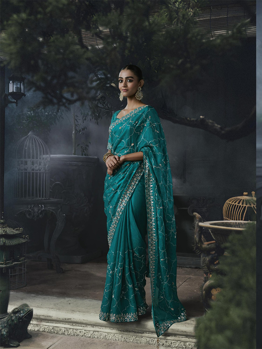 Teal Blue Tissue Silk Embroidery Stone Work Sequins Wedding Reception Party Festival Casual Heavy Border Sarees