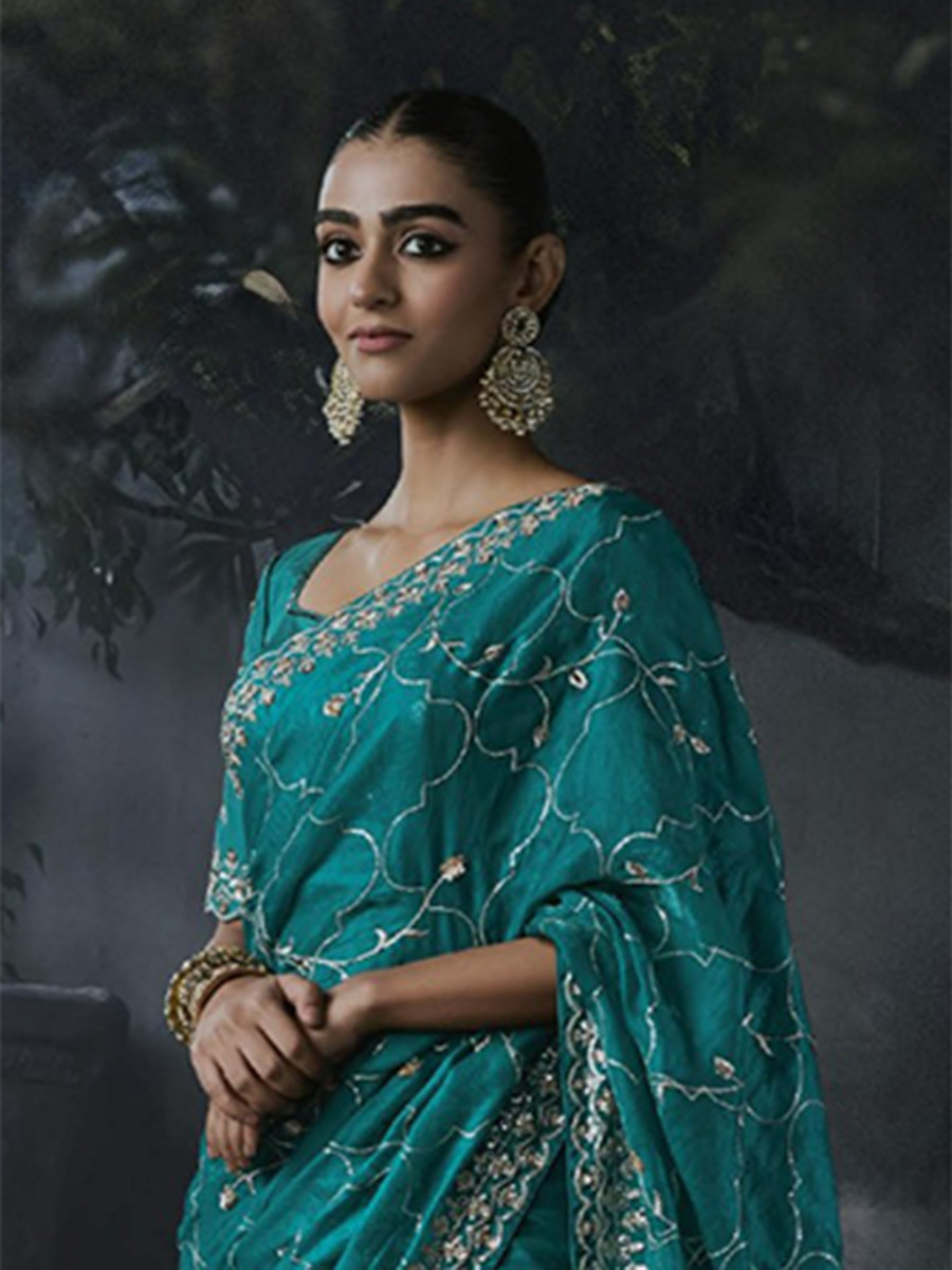 Teal Blue Tissue Silk Embroidery Stone Work Sequins Wedding Reception Party Festival Casual Heavy Border Sarees