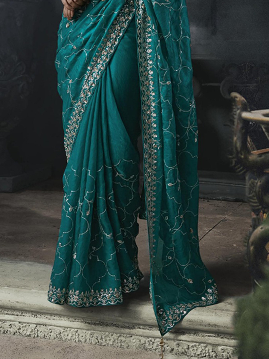 Teal Blue Tissue Silk Embroidery Stone Work Sequins Wedding Reception Party Festival Casual Heavy Border Sarees