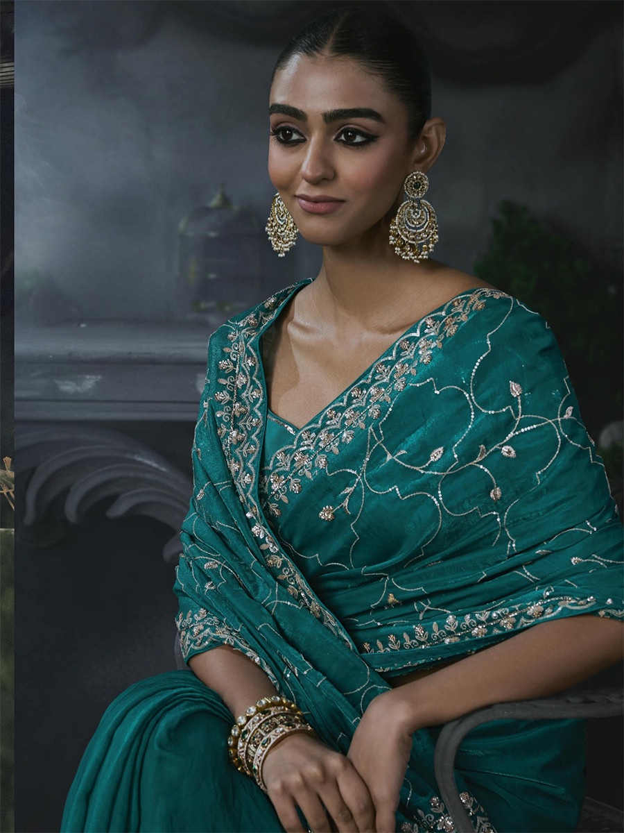 Teal Blue Tissue Silk Embroidery Stone Work Sequins Wedding Reception Party Festival Casual Heavy Border Sarees
