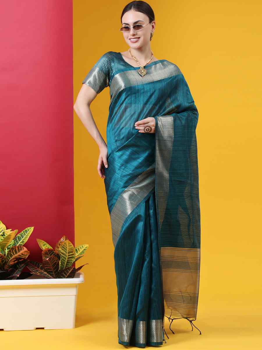 Teal Blue Tussar Silk Handwoven Wedding Festival Heavy Border Saree