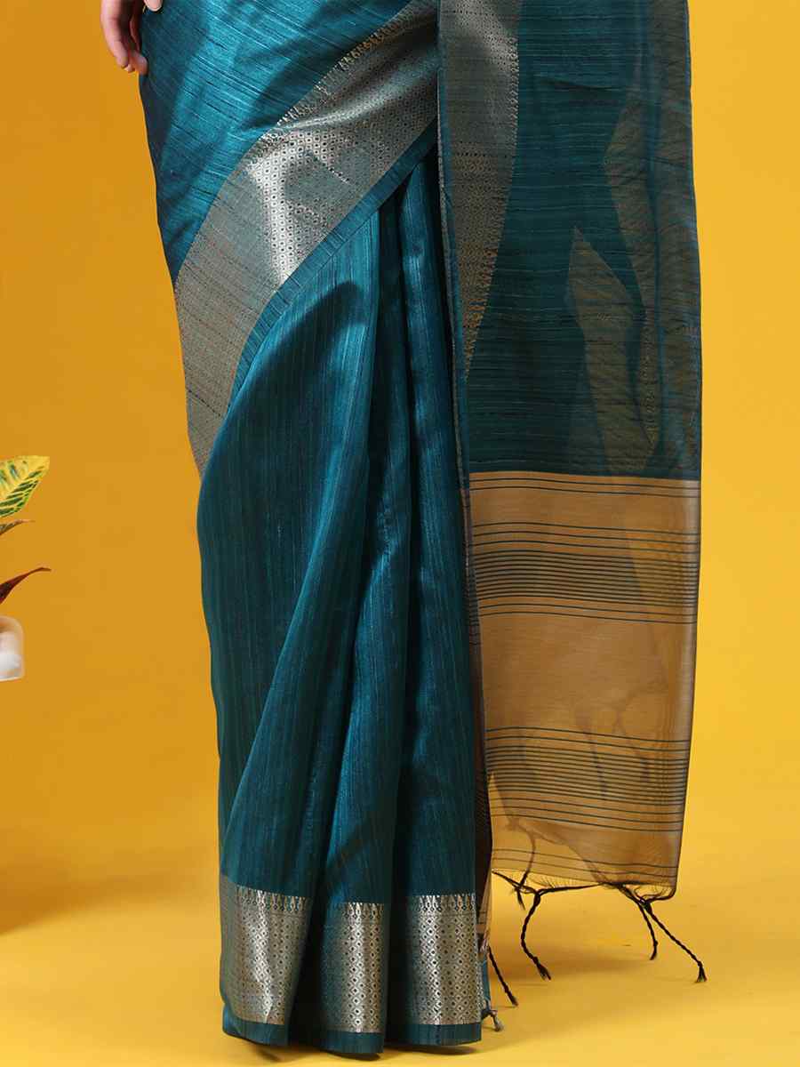 Teal Blue Tussar Silk Handwoven Wedding Festival Heavy Border Saree