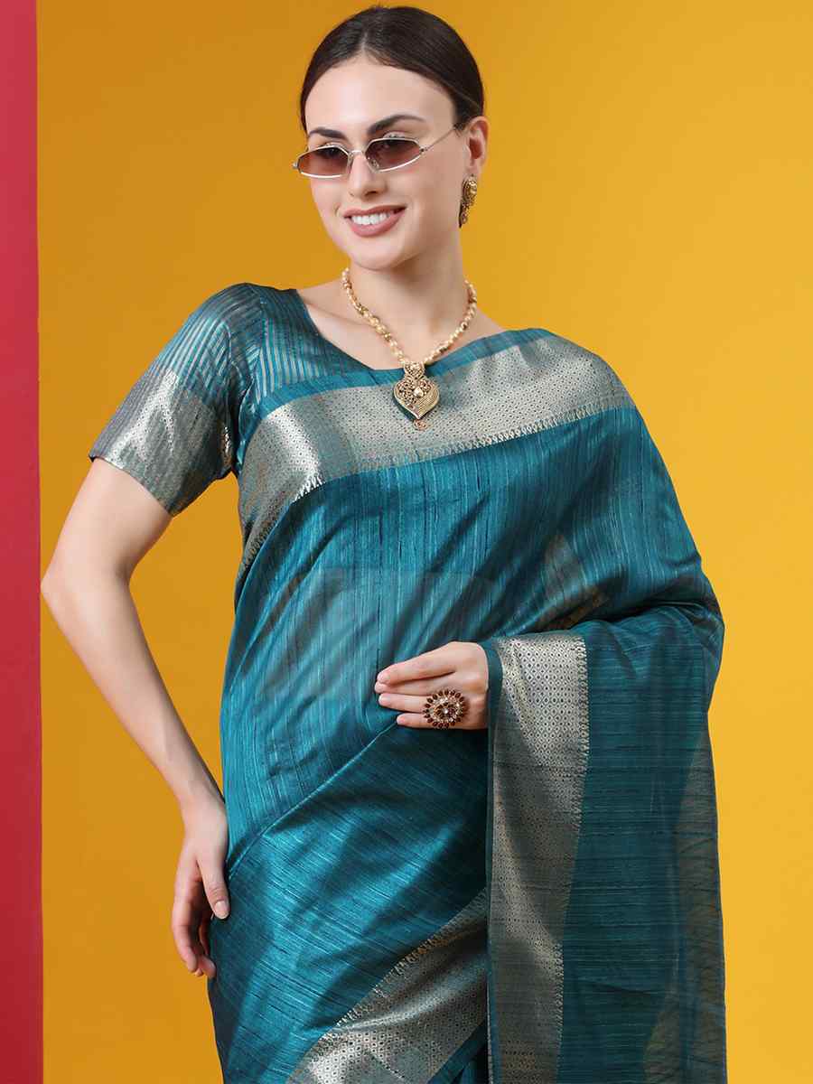Teal Blue Tussar Silk Handwoven Wedding Festival Heavy Border Saree