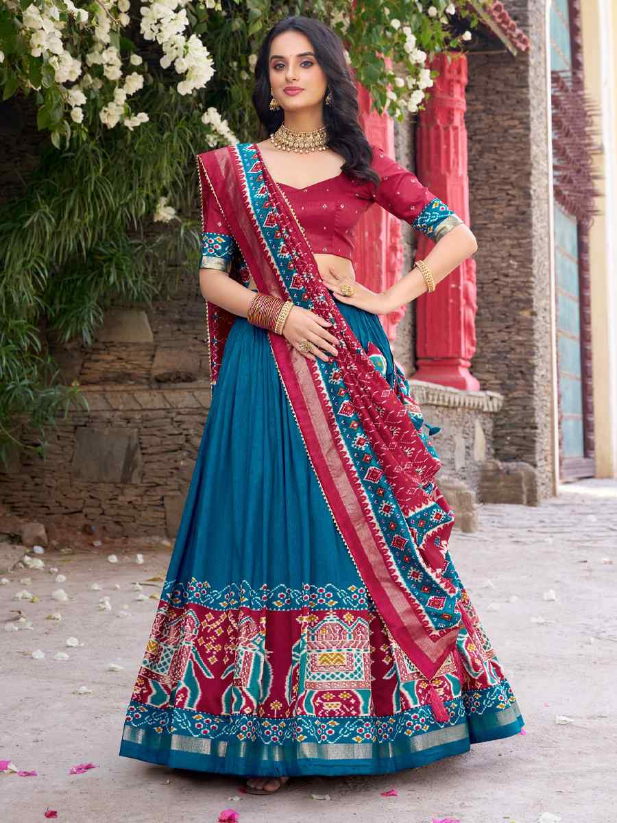 Teal Blue Tussar Silk Printed And Hand Embroidered Party Reception Wedding Lehenga Choli