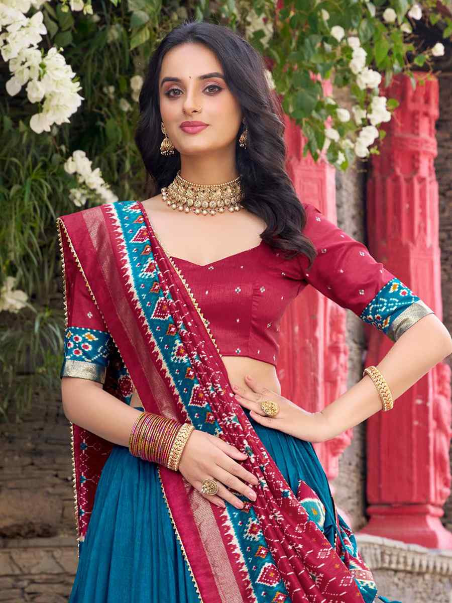 Teal Blue Tussar Silk Printed And Hand Embroidered Party Reception Wedding Lehenga Choli