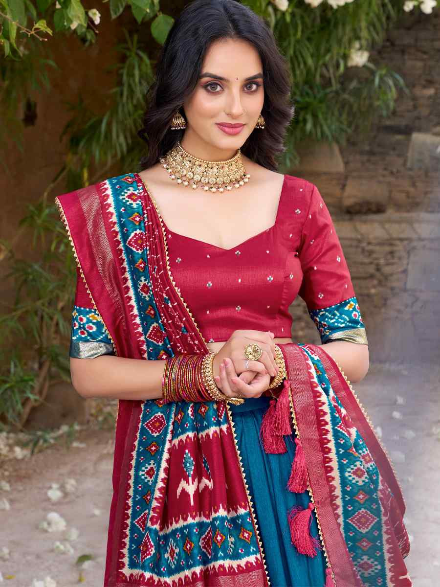 Teal Blue Tussar Silk Printed And Hand Embroidered Party Reception Wedding Lehenga Choli