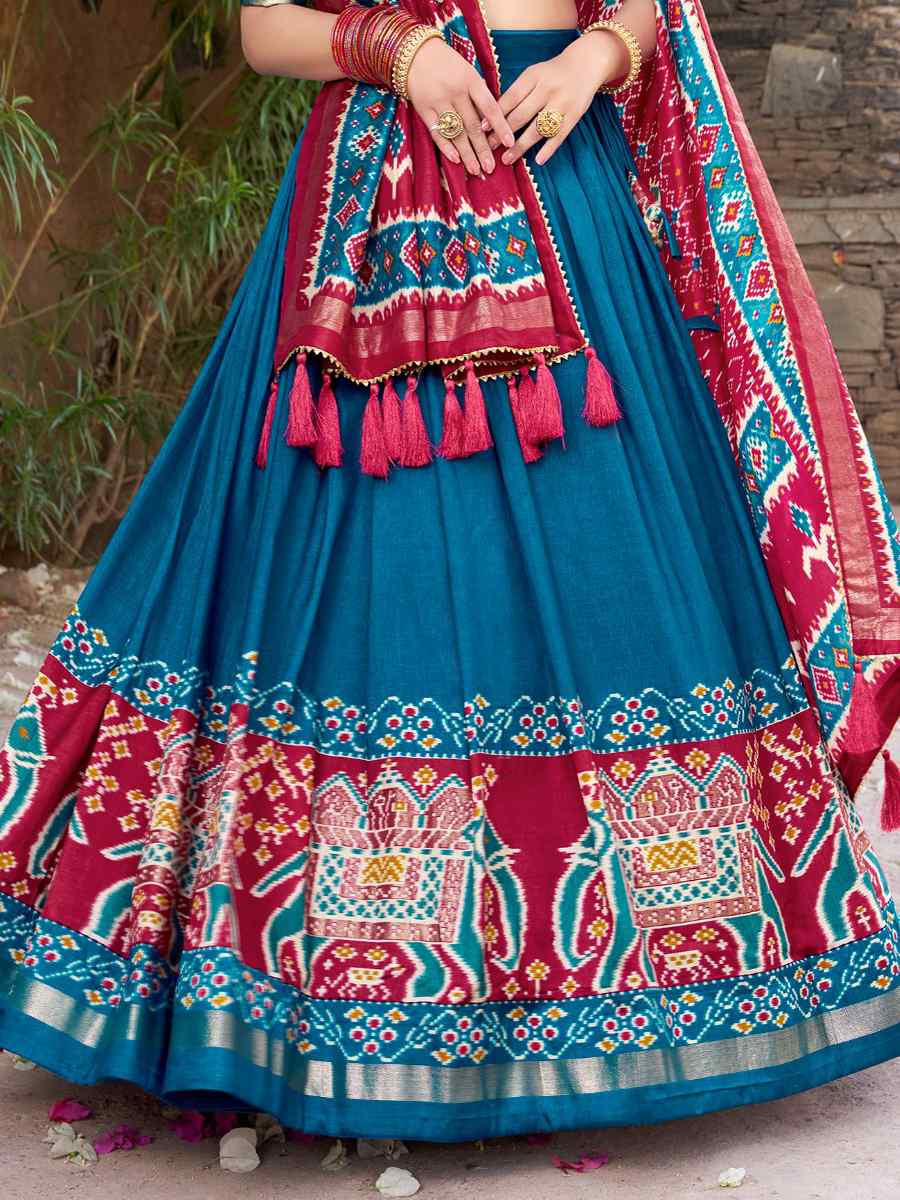 Teal Blue Tussar Silk Printed And Hand Embroidered Party Reception Wedding Lehenga Choli