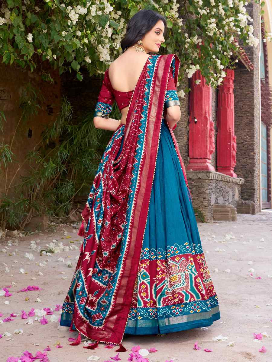 Teal Blue Tussar Silk Printed And Hand Embroidered Party Reception Wedding Lehenga Choli