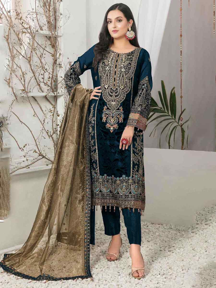 Teal Blue Velvet Embroidered Festival Casual Pant Salwar Kameez