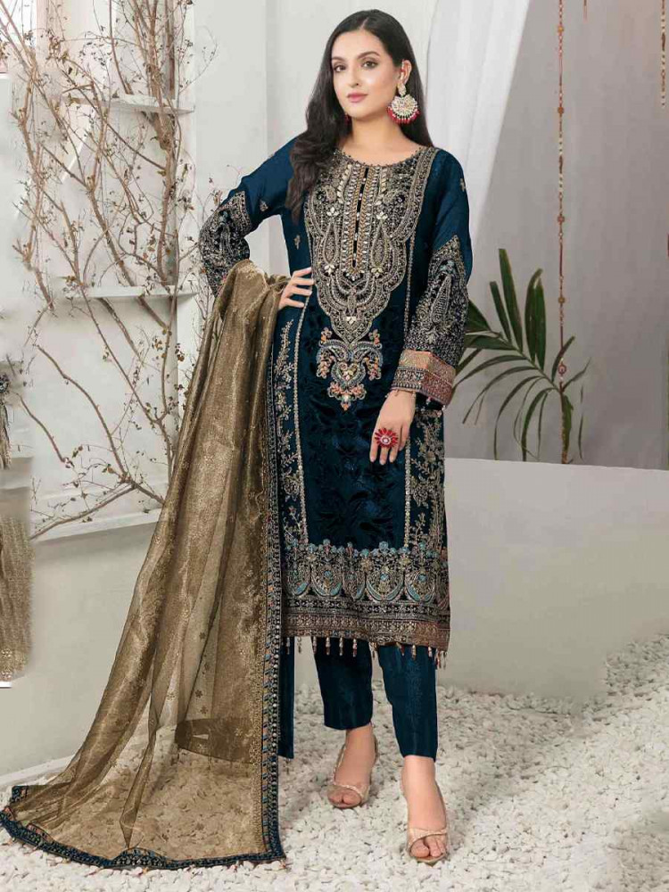 Teal Blue Velvet Embroidered Festival Casual Pant Salwar Kameez