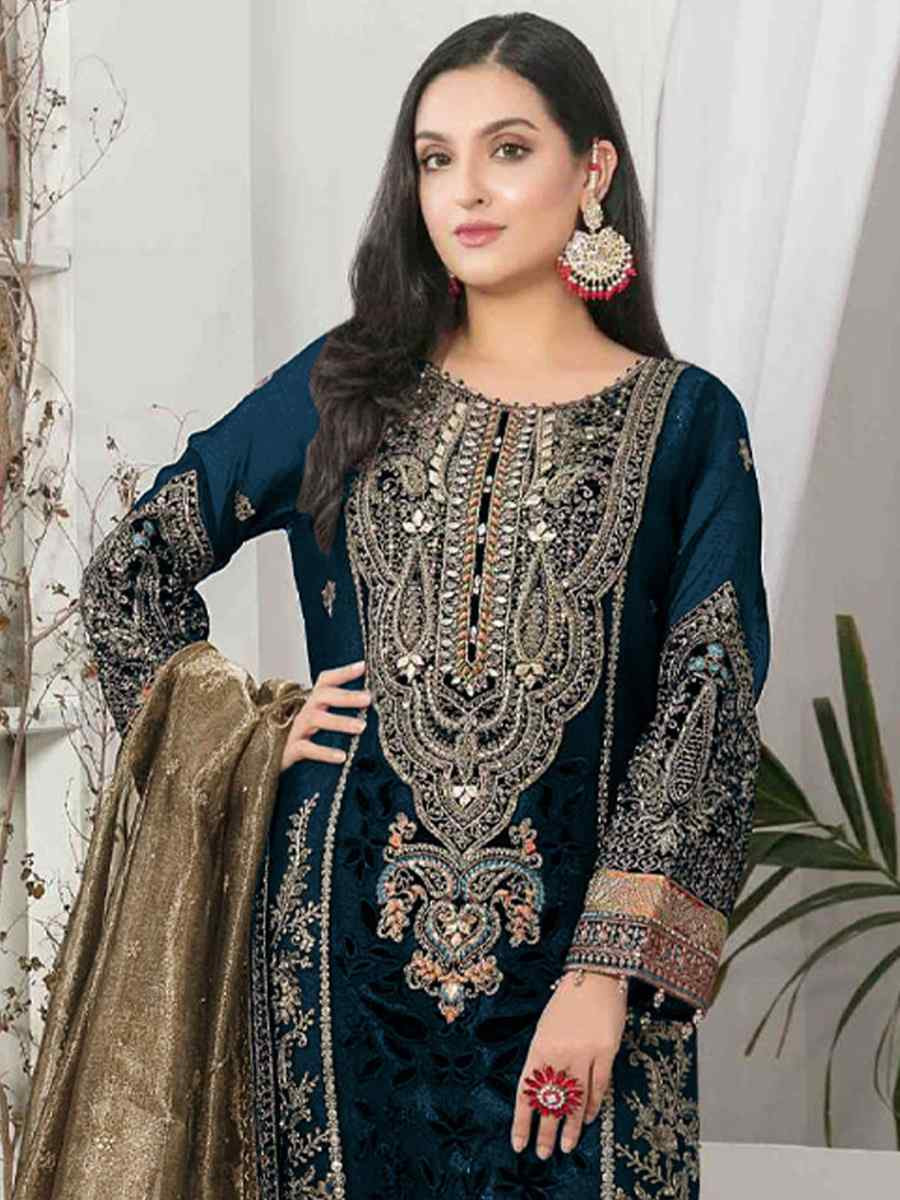 Teal Blue Velvet Embroidered Festival Casual Pant Salwar Kameez