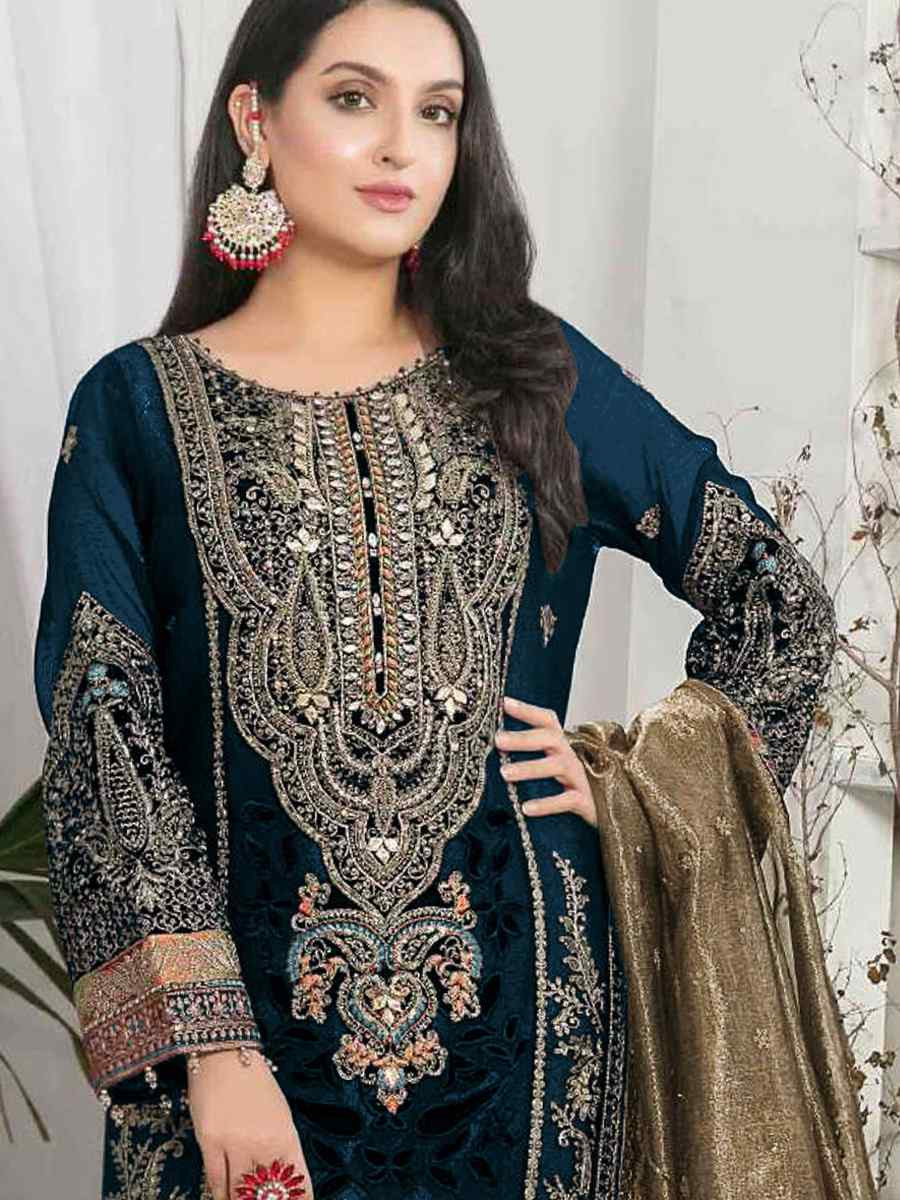 Teal Blue Velvet Embroidered Festival Casual Pant Salwar Kameez