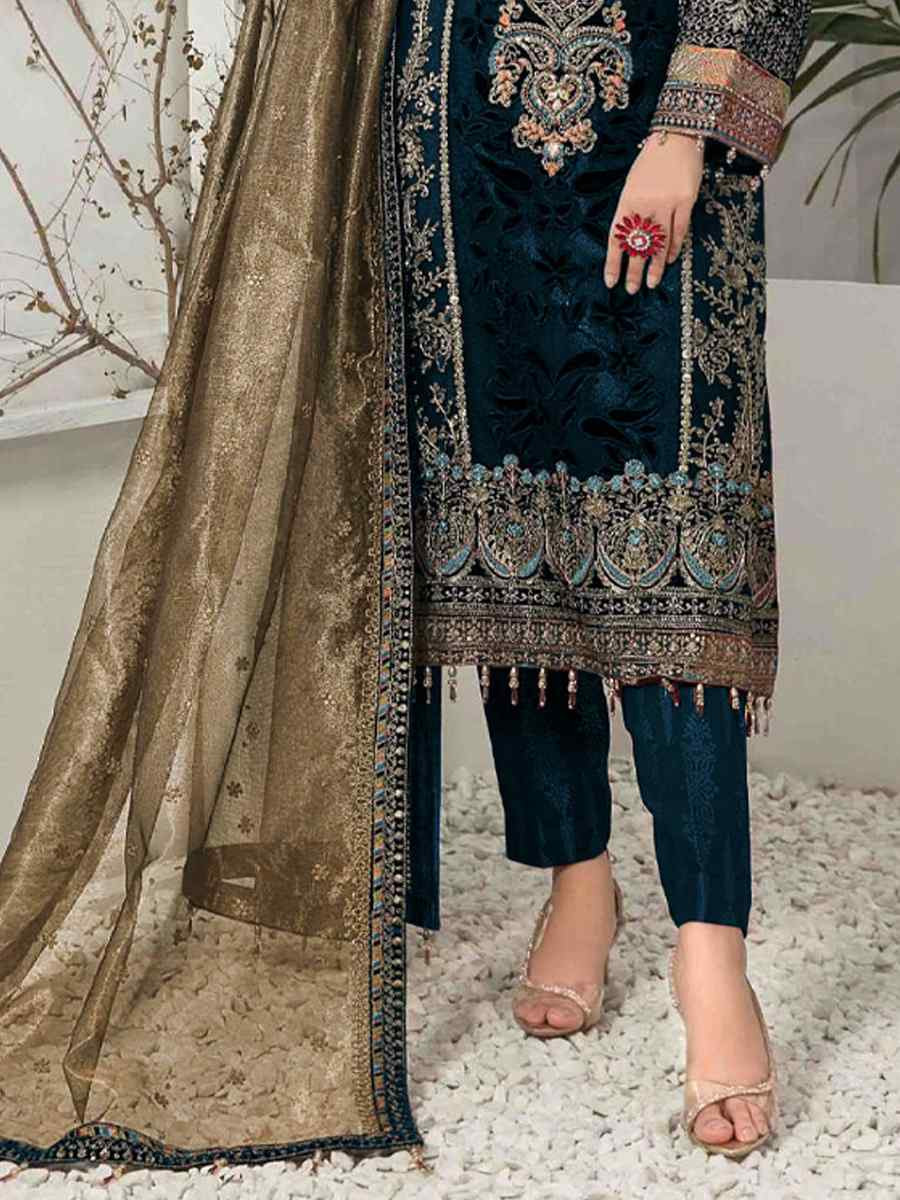 Teal Blue Velvet Embroidered Festival Casual Pant Salwar Kameez