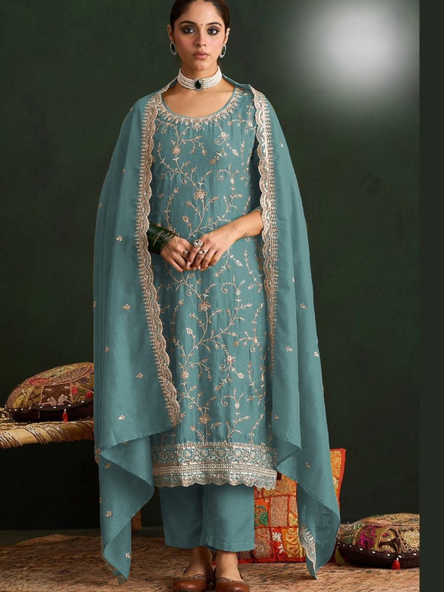 Teal Blue Vichitra Embroidery Zari Sequins Wedding Party Festival Casual Palazzo Pant Salwar Kameez