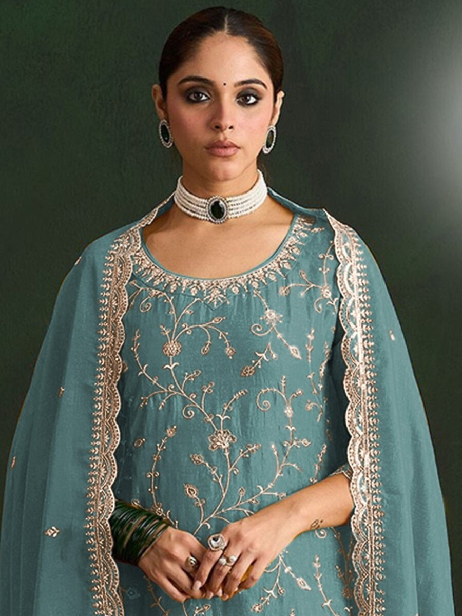 Teal Blue Vichitra Embroidery Zari Sequins Wedding Party Festival Casual Palazzo Pant Salwar Kameez