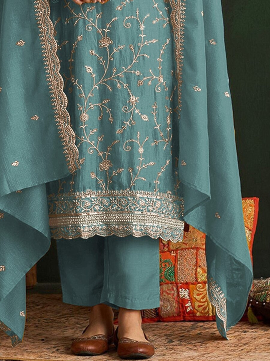 Teal Blue Vichitra Embroidery Zari Sequins Wedding Party Festival Casual Palazzo Pant Salwar Kameez