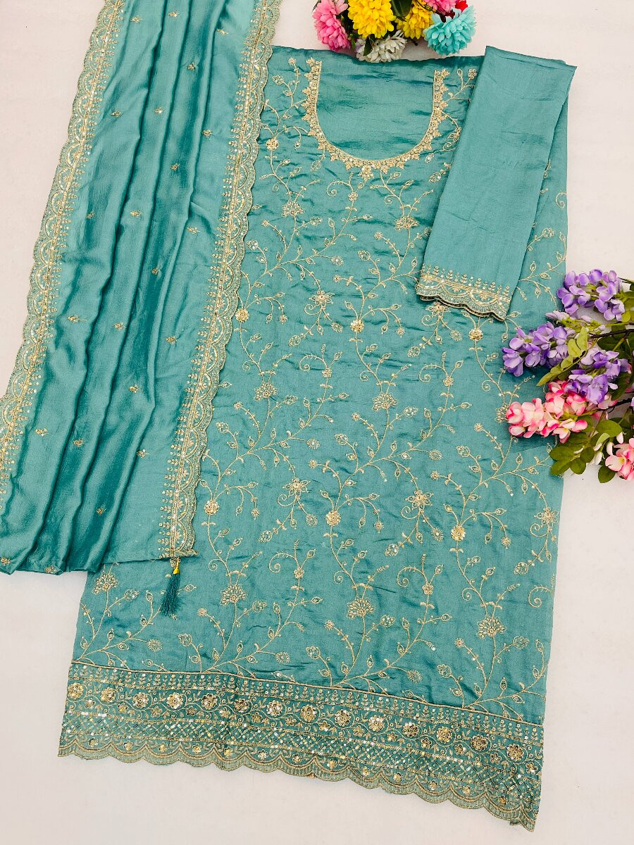 Teal Blue Vichitra Embroidery Zari Sequins Wedding Party Festival Casual Palazzo Pant Salwar Kameez