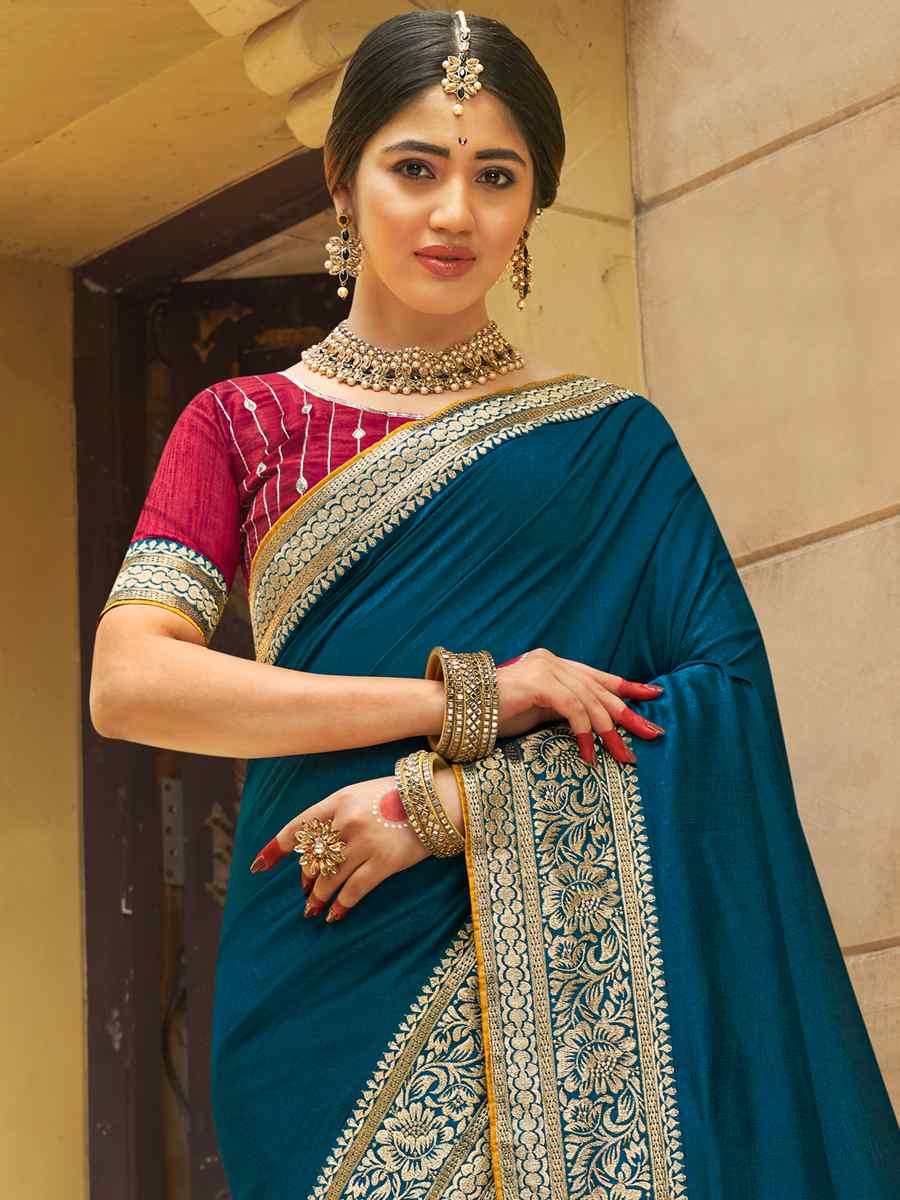 Teal Blue Vichitra Silk Embroidered Party Reception Heavy Border Saree