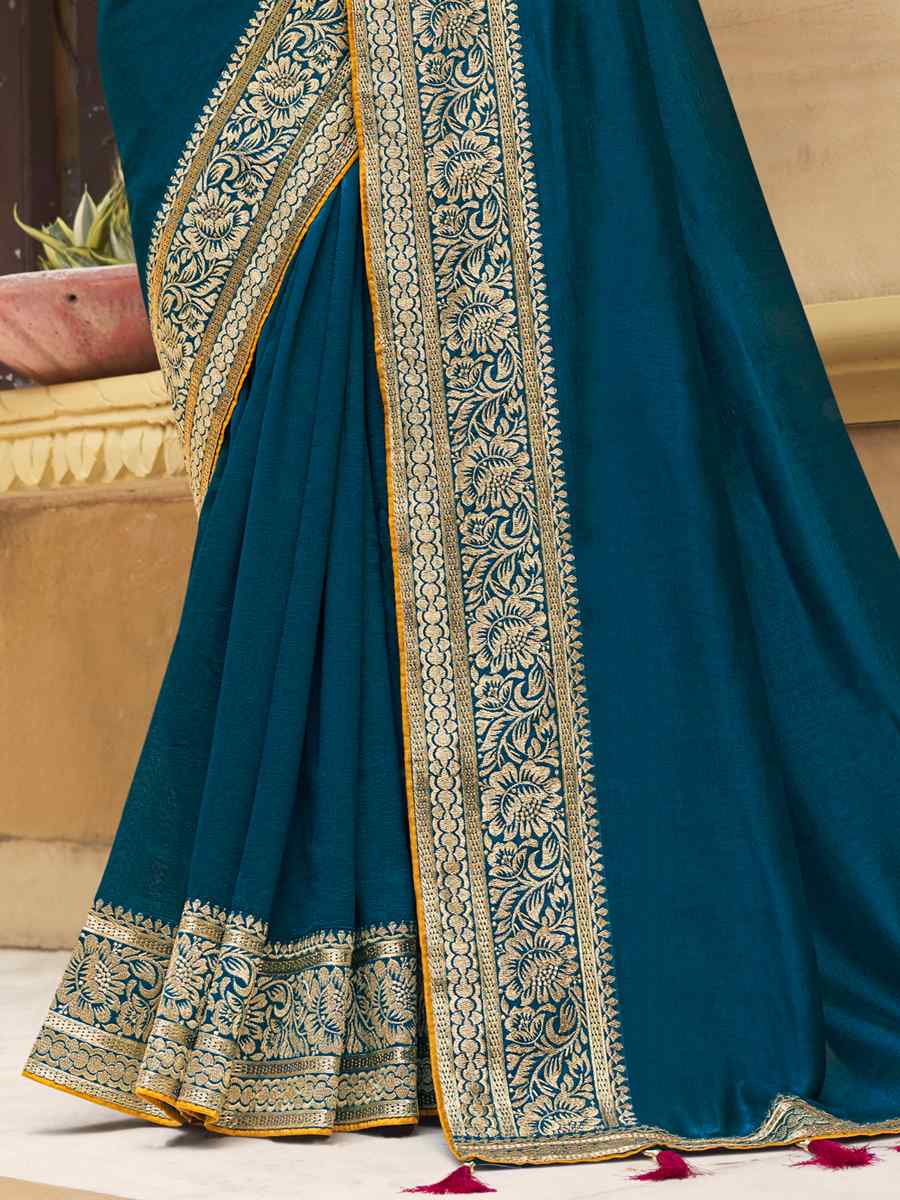 Teal Blue Vichitra Silk Embroidered Party Reception Heavy Border Saree