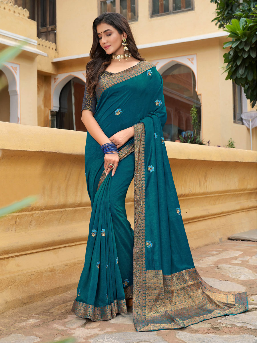 Teal Blue Vichitra Silk Embroidered Party Saree