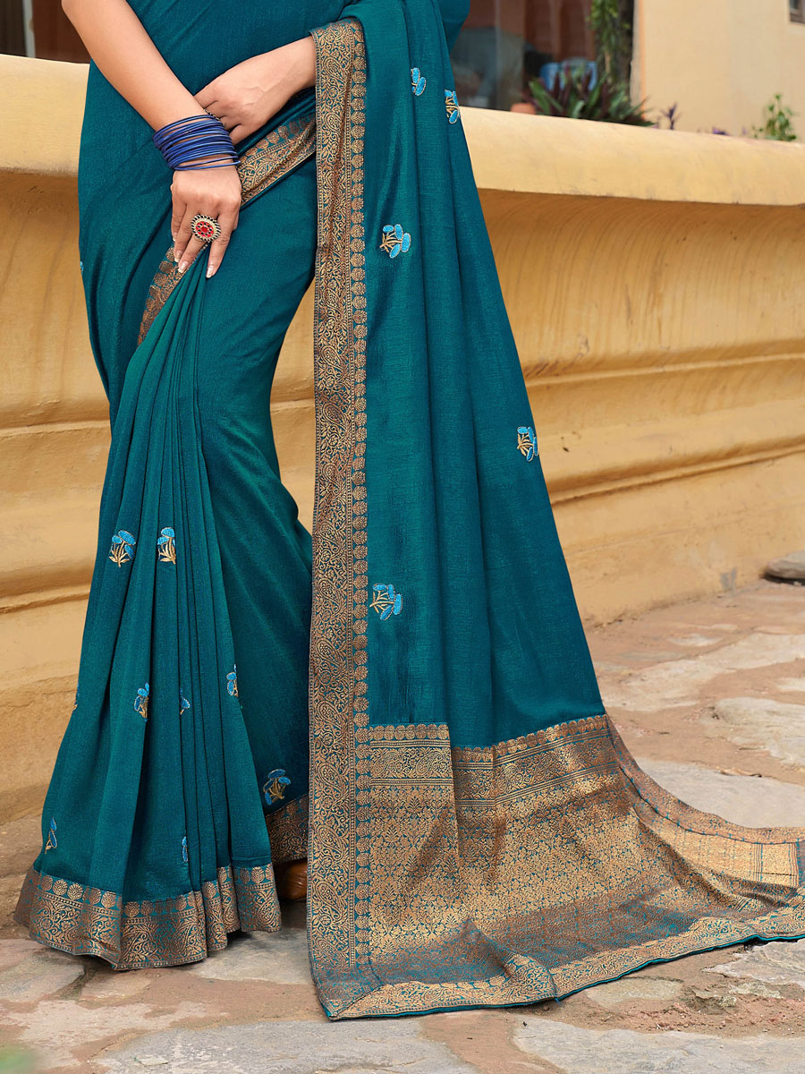 Teal Blue Vichitra Silk Embroidered Party Saree