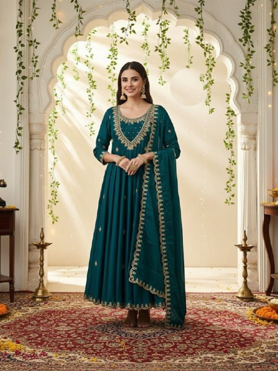 Teal Blue Vichitra Silk Embroidery Party Wedding Festival Party Ready Anarkali Pant Salwar Kameez