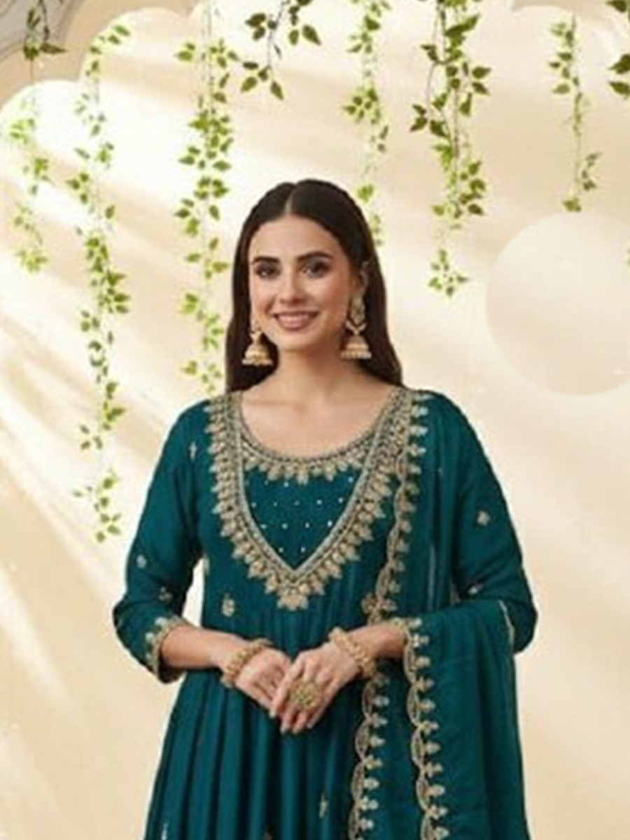 Teal Blue Vichitra Silk Embroidery Party Wedding Festival Party Ready Anarkali Pant Salwar Kameez