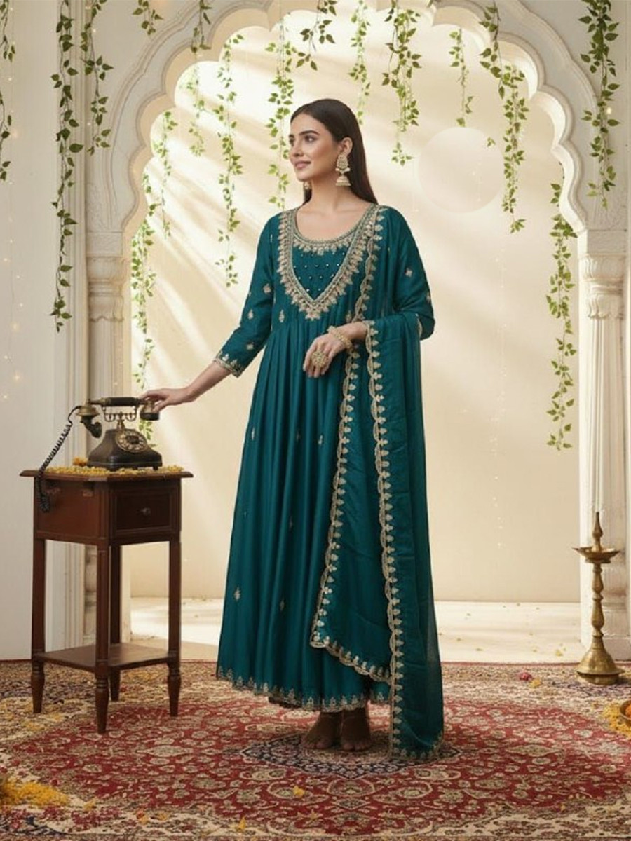 Teal Blue Vichitra Silk Embroidery Party Wedding Festival Party Ready Anarkali Pant Salwar Kameez